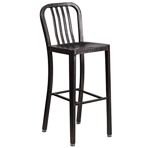 Flash Furniture Commercial Grade 30" Round Black-Antique Gold Metal Indoor-Outdoor Bar Table Set with 4 Stools