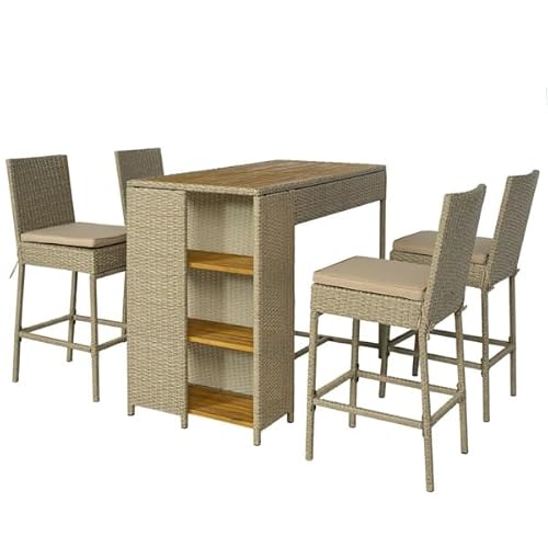 XITPEYEZY Outdoor Wicker Bar Table and 4 Stools Set with Acacia Wood Top