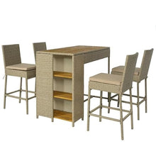 XITPEYEZY Outdoor Wicker Bar Table and 4 Stools Set with Acacia Wood Top