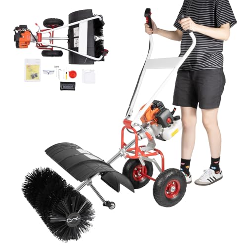 Gas Handheld Sweeper, 52cc 2 Stroke Walk-Behind Outdoor Hand Push Sweeper, 2.5HP Artificial Turf Sweeper Snow Sweeper for Leaf Snow Artificial Turf Grass Gravel Cleaning