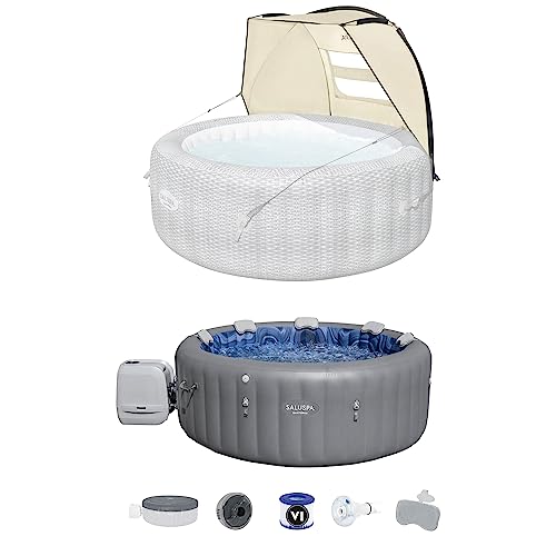 Bestway SaluSpa Sun Shade Canopy Bundled with Santorini SaluSpa Inflatable Outdoor Hot Tub with 180 Soothing AirJets and ColorJet LED Lights