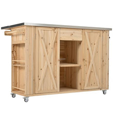 Merax XL Outdoor Table with Stainless Steel Top for Kitchen Prep and Storage Cabinet for Grilling Accessories, Outdoor Kitchen Island Grill Cart with Towel and Spice Racks & a Bottle Opener, Natural