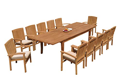 WholesaleTeak 12 Seats 13 Pcs Grade-A Teak Wood Dining Set: 122" Atnas Double Extension Rectangle Table and 12 Wave Stacking Arm Chairs #WHDSWV