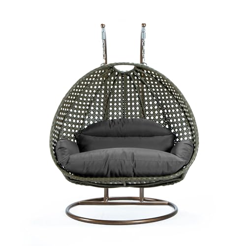 LeisureMod 2-Person Wicker Egg Chair, Hanging Swing Chair for Indoor & Outdoor Use with Cushions, Beige Steel Stand, UV-Resistant, Hammock Lounge Seat for Patio, Porch, or Bedroom (Dark Grey)