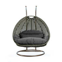 LeisureMod 2-Person Wicker Egg Chair, Hanging Swing Chair for Indoor & Outdoor Use with Cushions, Beige Steel Stand, UV-Resistant, Hammock Lounge Seat for Patio, Porch, or Bedroom (Dark Grey)