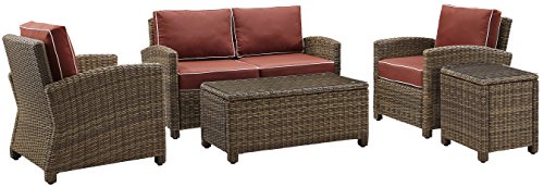 Crosley Furniture Bradenton 5-Piece Outdoor Loveseat Patio Furniture Set Brown with Sangria Cushions