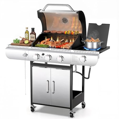 COWSAR 3 Burner Gas Grill, 34,000 BTU Stainless Steel BBQ Grill with Side Burner, Porcelain-Enameled Cast Iron Grates, Pull-Out Grease Tray for Patio, Backyard & Outdoor Cooking