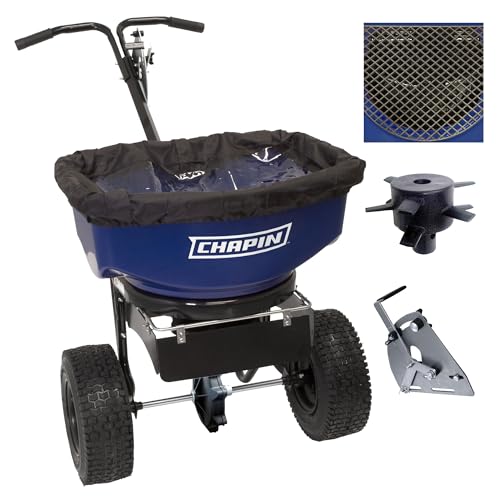 CHAPIN USA 82088 80-Pound Made in USA Commercial Sure Spread Salt and Ice Melt Walk Behind Spreader with 360-degree Baffles, Enclosed Gear System and Includes Cover and Salt Grate, Blue
