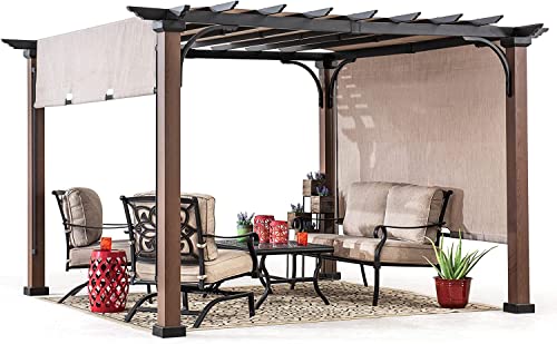 Sunjoy Outdoor Pergola 11x11 ft Black Steel with Retractable Tan Sun Shade Canopy