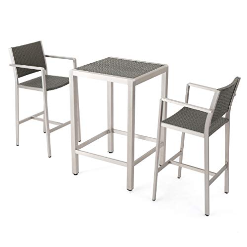 GDF Studio Outdoor Wicker and Aluminum Bar Set 3 Piece Grey With Wicker Top