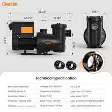 Cleartide 2 HP Smart Variable Speed Pool Pump, 9774GPH, 220-240V AC