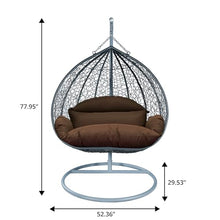 LeisureMod Hanging Egg Chair with Stand for Indoor Outdoor Wicker Patio Swing Chair Open Weave Basket Design with Cushion Metal Frame for Patio Garden Balcony (Grey Frame Brown Cushion)