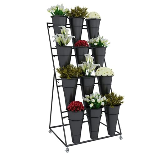 WXFJHH Flower Display Stand s with Flower Buckets, Movable Plant Cart Shelf Cut Flowers Container Shelf, Metal Mobile Florist Bouquet Stand for Flower Shop, Wrought Ir(Black Bucket-75×65×150cm)