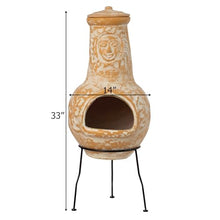 Outdoor Clay Chiminea Fireplace Sun Design Wood Burning Fire Pit with Sturdy Metal Stand, Barbecue, Cocktail Party, Cozy Nights Fire Pit, Gray