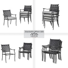 LOKATSE HOME Patio Dining Chairs Set of 4, Stackable Metal Wrought Iron Outdoor Chairs with Armrests & Thick Grey Cushions, All-Weather Heavy Duty Furniture for Garden, Backyard, Deck & Balcony