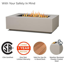 Real Flame Aegean 50in Rectangle Propane or Natural Gas Fire Pit Table, 50,000 BTU, Powder-Coated Steel, Push-Button Ignition, Lava Rock, Storage Cover, Stainless Steel Burner with Lid - Light Sand