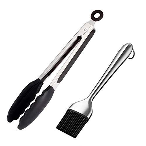2 Pcs Silicone BBQ Tongs Basting Brush Set Oil Brush Kitchen Tongs BBQ Grill Food Meat Tongs Barbecue Tongs Oil Sauce Brush BBQ Tools