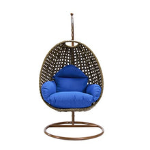LeisureMod Wicker Rattan Hanging Egg Swing Chair with Stand & Cushion - Blue Swing Chair for Indoor/Outdoor, Patio, Bedroom, Lounge Seat