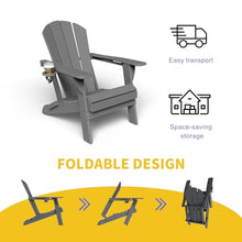 Kingdura Foldable Adirondack Chairs Set of 4, Portable HDPE All Weather Resistant Outdoor Patio Chair, Wooden Textured with Cup Holder, 380LBS Capacity for Poolside, Backyard, Deck, Fire Pit (Grey)