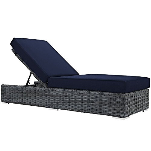 Modway Summon Wicker Rattan Aluminum Outdoor Chaise Lounge Chair with Sunbrella Fabric Cushions Navy