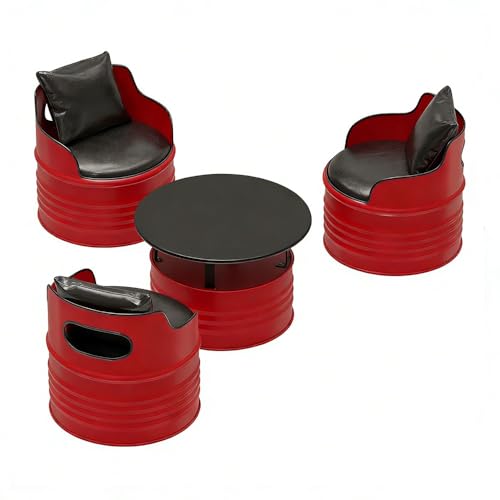 JOSOGO Industrial Barrel Table and Chairs, Heavy-Duty Metal Patio Furniture with PU Leather Cushions, Round Coffee with Storage for Balcony Game Room(H)