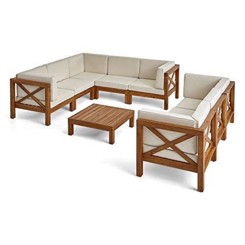Christopher Knight Home Outdoor Acacia Wood 8 Seater Sectional Sofa Set with Coffee Table, Teak and Beige