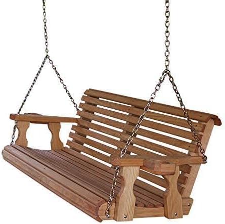 Amish Casual Heavy Duty 700 Lb Capacity Porch Swing with Cup Holders (4 Foot, Cedar Stain) – Wooden Outdoor Roll Back Swing with Hanging Chains – Amish Made in the USA