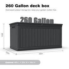 SWLJKU XXL Deck Box Outdoor Storage, Large Waterproof Resin Patio Furniture Cushion Organizer, Heavy Duty Lockable Garden Bench with Double-Wall Construction, Wood Grain Black (260, Gallons)