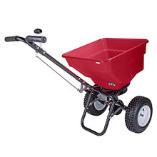 EarthWay 2170 Commercial 100 LB Broadcast Fertilizer Spreader. Red, Heavy-Duty Walk-Behind Push Garden Seeder with Adjustable Drop Rate and Driving Handle. Large 13 inch Pneumatic Stud Tires