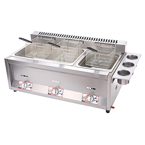 Professional Commercial Gas Fryer, Stainless Steel Lpg Fryer, Freestanding Temperature Control, Adjustable Firepower, With Baskets And Lid, Easy To Clean,B8L+8L+8L