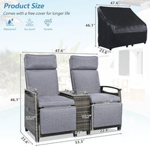 53.3" Patio Recliner Loveseat Chair with Adjustable Backrest, Wicker Conversation Set with Storage Table and Thick Cushion, Outdoor & Indoor Patio Recliners for Balcony, Porch, Living Room, Gray