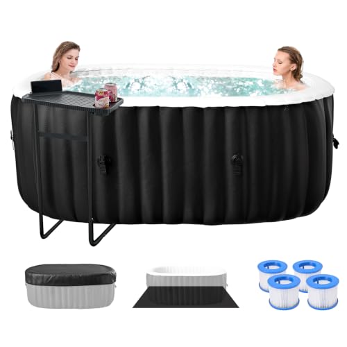 Glonerle Inflatable Hot Tub with Side Table, 2 Person Oval Portable Blow up Hot Tub Spa, Leak-Proof PVC Outdoor Spa with 100 Air Jets, Heater Pump and Insulated Cover, 75” L X 47”W X 25”H