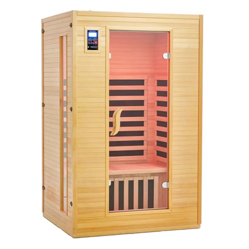 PioneerWorks 2024 Upgrade 2 Person Sauna Low EMF Infrared Therapy Wooden Dry Steam Sauna Wood Color