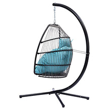 Hanging Rope Swing Seat Patio Wicker Folding Hanging Chair with Cushion and Pillow Rattan Swing Hammock Egg Chair with X Type Base and C Type Bracket for Indoor/Outdoor(Black+Blue)