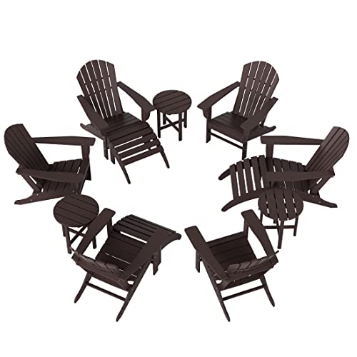 WO Home Furniture Set of 12-6pcs Traditional HDPE Adirondack Chairs with 3pcs Ottoman and 3pcs Side Table, All Weather Resistant for Patio, Outdoor, Balcony, Backyard, Deck, Pool, Dark Brown