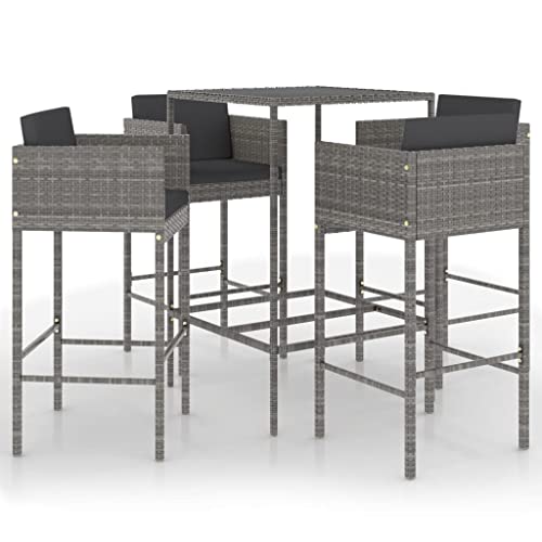 KUPTYERFG 5-Piece Patio Bar Set, Grey PE Rattan Outdoor Bar Table and Stools with Tempered Glass Top and Cushioned Seats, Modern Wicker Bistro Furniture for Garden Yard