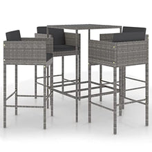 KUPTYERFG 5-Piece Patio Bar Set, Grey PE Rattan Outdoor Bar Table and Stools with Tempered Glass Top and Cushioned Seats, Modern Wicker Bistro Furniture for Garden Yard