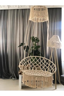 Handmade Macrame Swing Hammock Chair for Christmas Decor, Cotton Rope, 330.8 lb Capacity, Scandinavian Style, Includes Ceiling Mounts - Ecru