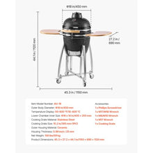 Charcoal Grill, 18" Charcoal BBQ Smoker, Movable Ceramic Barbecue Grill with Wheels, Built-in Thermometer, Air Vents & Side Shelf, Perfectfor Outdoor Patio Yard Cooking