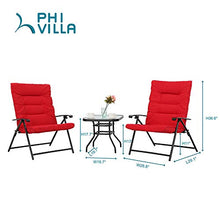 PHI VILLA 3 PCS Patio Bistro Set Outdoor Furniture Folding Chairs Set with Red Cushions, 2 Adjustable Reclining Chairs & 1 Tempered Glass Coffee Table