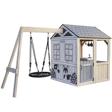 KidKraft Savannah Swing Wooden Outdoor Playhouse with Web Swing and Play Kitchen White/Gray