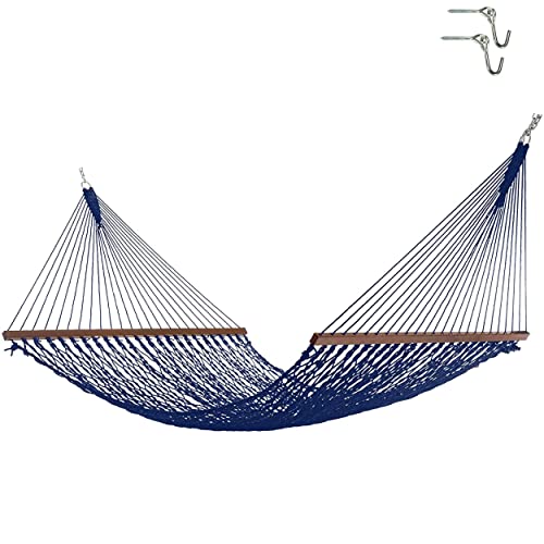 Hatteras Hammocks Deluxe Navy Duracord Rope Hammock with Free Extension Chains & Tree Hooks, Handcrafted in The USA, 450 LB Weight Capacity, 13 ft. x 60 in
