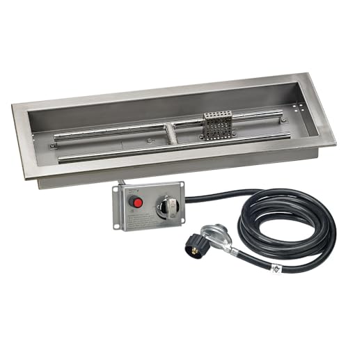 American Fire Products | 24" x 8" Rectangular Drop-in Fire Pit Pan with Electric Ignition System Kit, CSA | Stainless Steel, Use in Outdoor Fire Pit | for Natural Gas or Propane Fires