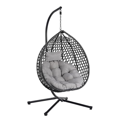 Indoor Outdoor Hammock Chair with Stand, Rattan Egg Hanging Swing Chair with Cushion for Balcony Bedroom Garden (Black+Gray)