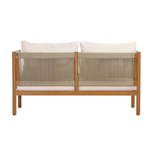 Merax Outdoor Loveseat & Coffee Table Set with Acacia Wood Frame in Teak Look, Beige Rope Panels & Cream Water-Repellent Cushions for Patio & Garden