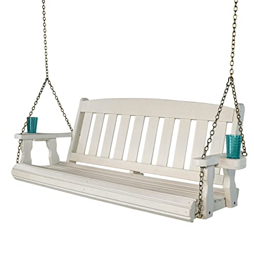 Amish Casual Heavy Duty 800 Lb Mission Treated Porch Swing with Hanging Chains and Cupholders (5 Foot, Semi-Solid White Stain)