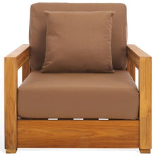 SAFAVIEH Couture - Montford Brazilian Teak Solid Wood Indoor/Outdoor Arm Chair, Brown Cushion, Low Profile Lounge Chair, 13" Seat Height, Patio Furniture (CPT1000C)