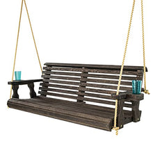 Amish Casual Heavy Duty 700 Lb Capacity Porch Swing with Cup Holders (5 Foot, Semi-Solid Black Stain) – Wooden Outdoor Roll Back Swing with Hanging Ropes – Handcrafted Contoured Lumbar Support