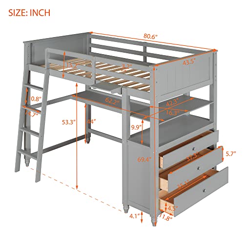 Harper & Bright Designs Twin Loft Bed with Desk and Storage Gray