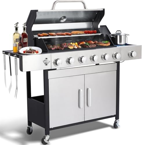 69000 BTU Output Propane Gas Grill with Side Burner and 6 Main Burners - Double-layer Stainless Steel Lid, Cast Iron Grids and Plate, Easy-Clean Grease Management for Perfect BBQs